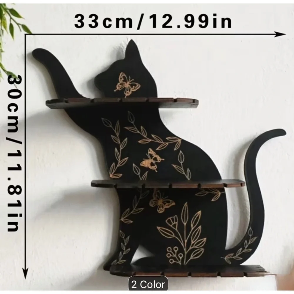 Black Cat Silhouette Wall Shelf Home Decor Black Crystal Display New
